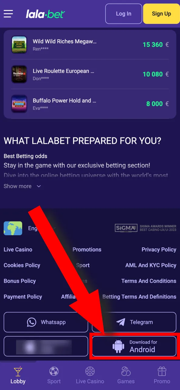 Scroll op je mobiel naar de onderkant van de website van Lalabet om de Android-app te downloaden.