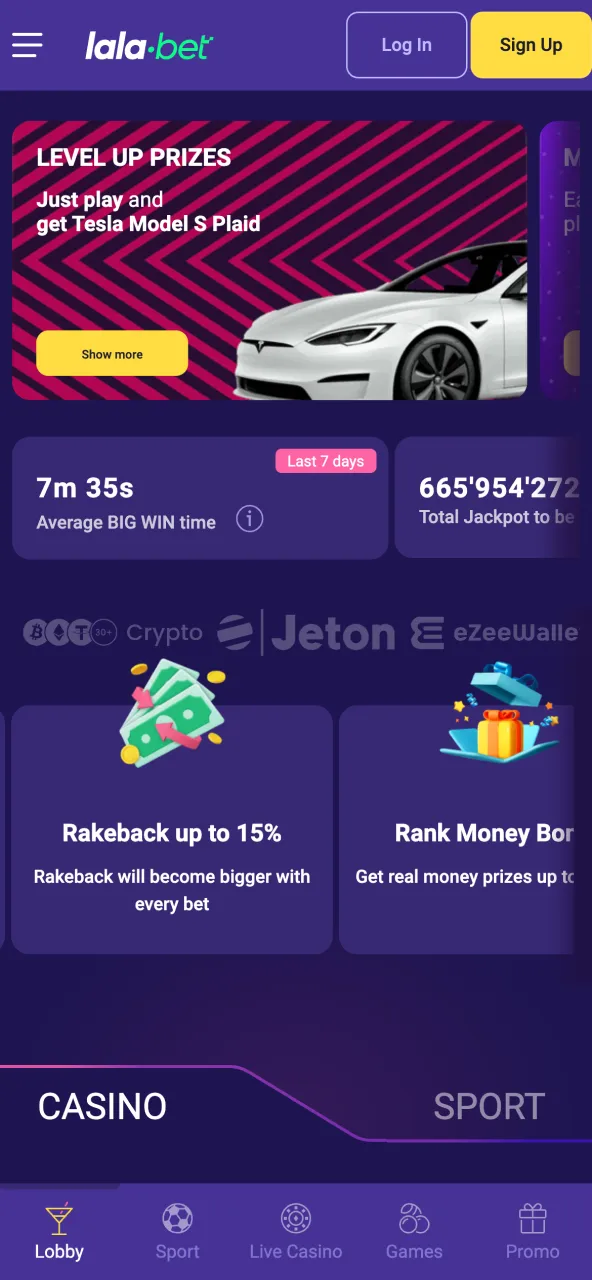 Lalabet startscherm: navigeer door games, inzetten en je accountopties.