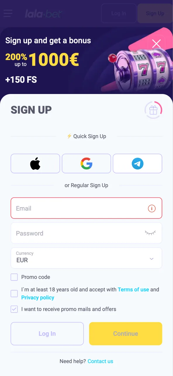 Maak een Lalabet-account aan via sociale netwerken of door je e-mailadres en telefoonnummer in te voeren.