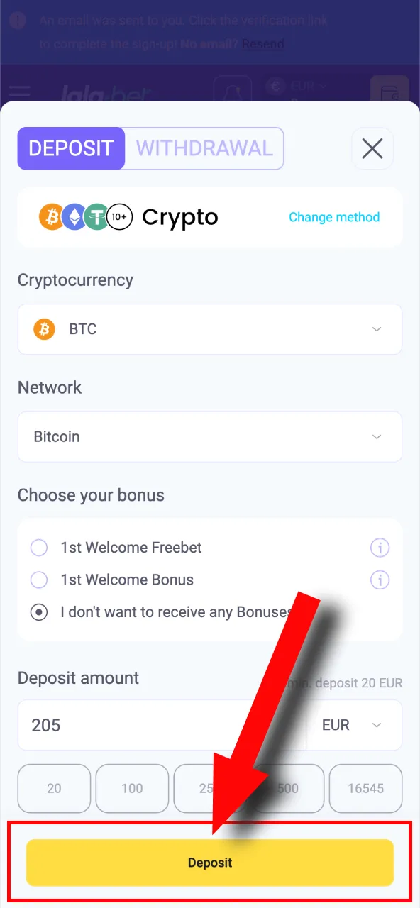 Rond je storting af door deze te bevestigen en cryptocurrency naar het opgegeven adres te sturen.