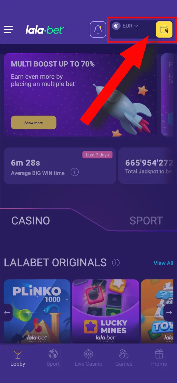 Klik op het gele portemonnee-pictogram van Lalabet om naar de online kassier te gaan.