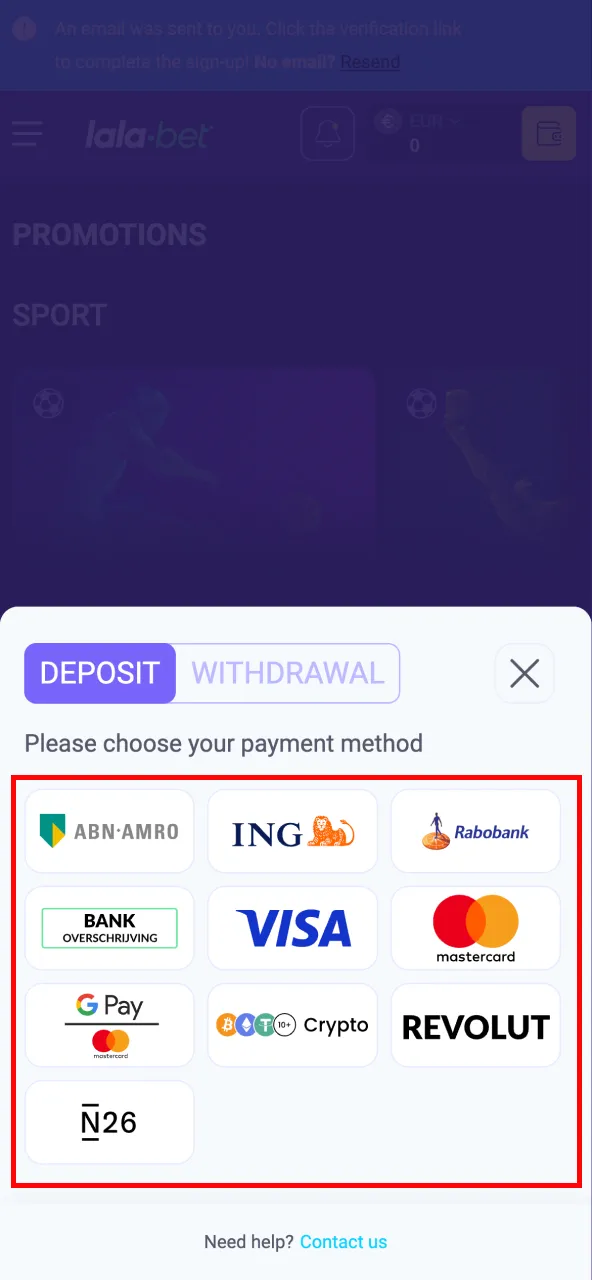 Kies een cryptocurrency en netwerk op Lalabet voor een naadloze storting.