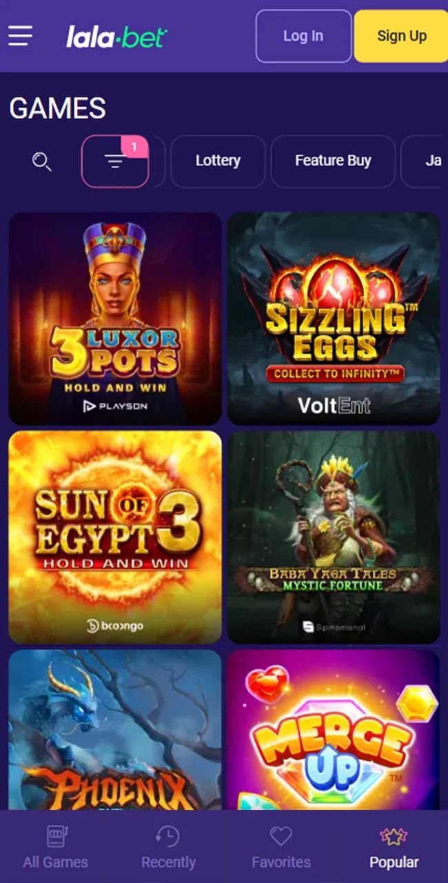 Ontdek een verscheidenheid aan spannende games in de Games-sectie van Lalabet, van slots tot klassiekers.