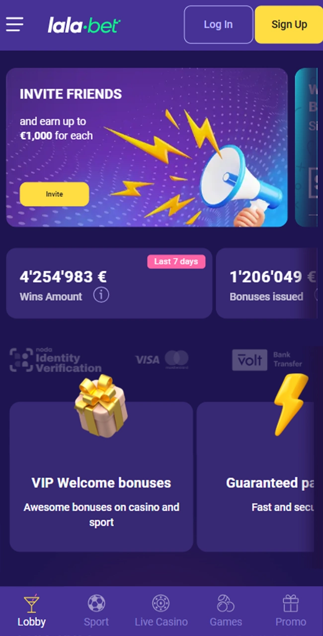 Lalabet hoofdscherm: toegang tot games, gokcategorieën, promoties en accountopties.