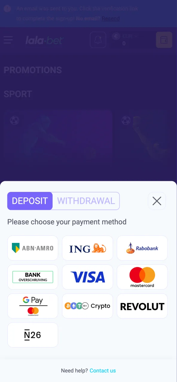 Kies een betaalmethode en volg de instructies om geld te storten op je Lalabet account.
