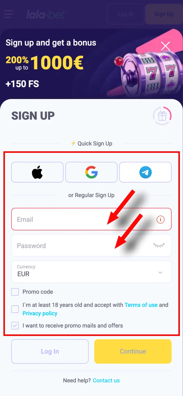 Geef de vereiste gegevens op zoals e-mail, wachtwoord en telefoonnummer voor registratie bij Lalabet.