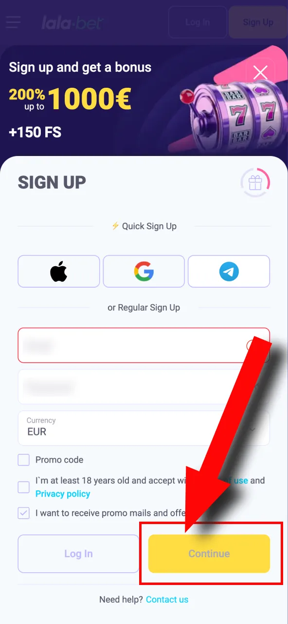 Voltooi het aanmaken van een Lalabet-account door op de knop 'Bevestigen' te klikken.