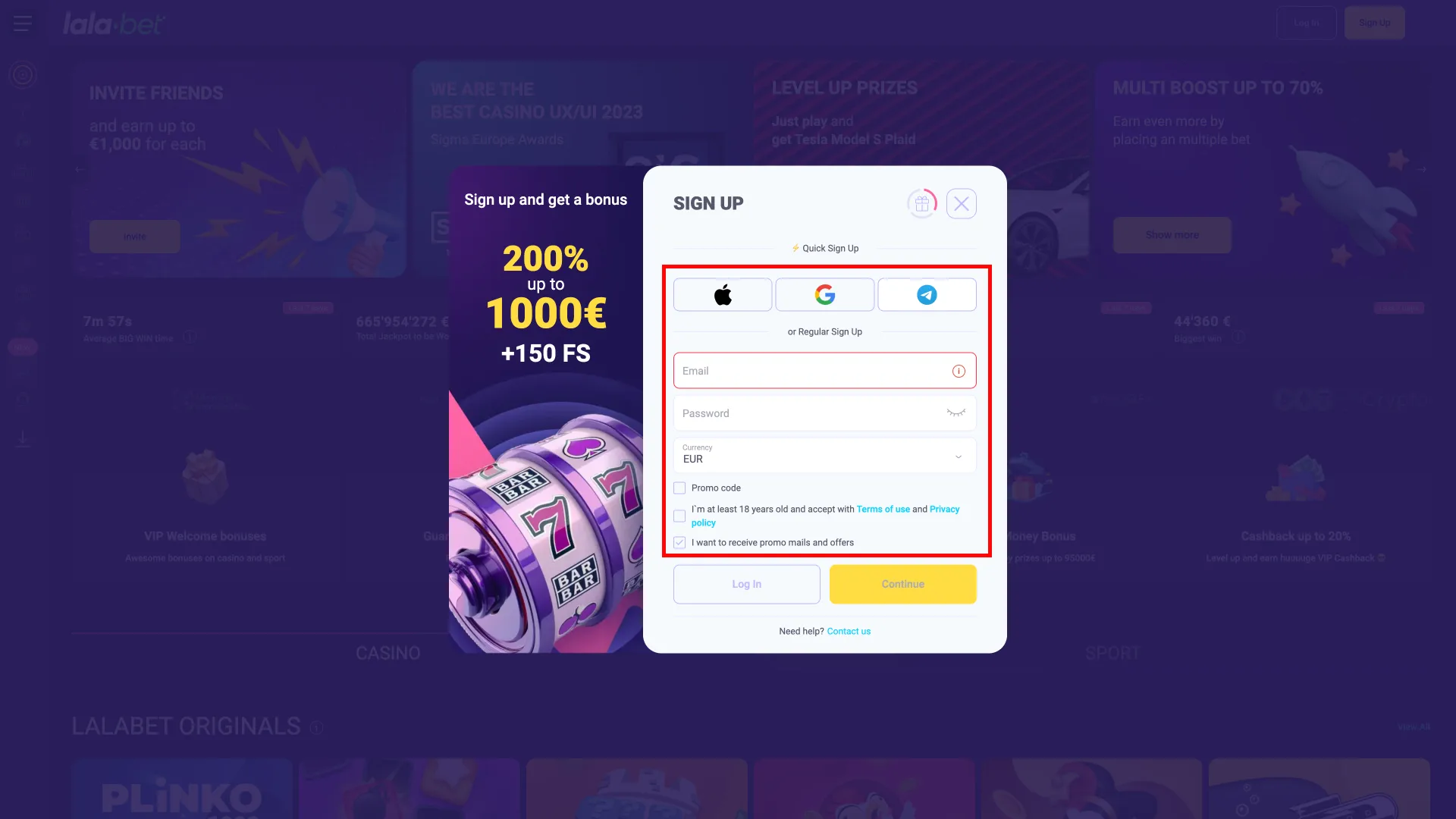 Registreer je op Lalabet via sociale media of door je persoonlijke gegevens te verstrekken.