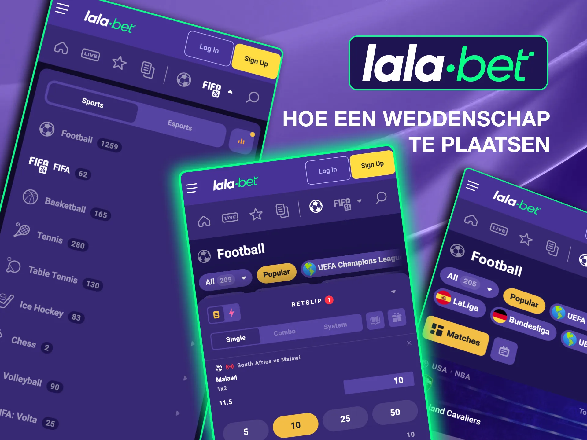 Volg de stappen van Lalabet om te wedden, inclusief het bladeren door evenementen, het selecteren van kansen.