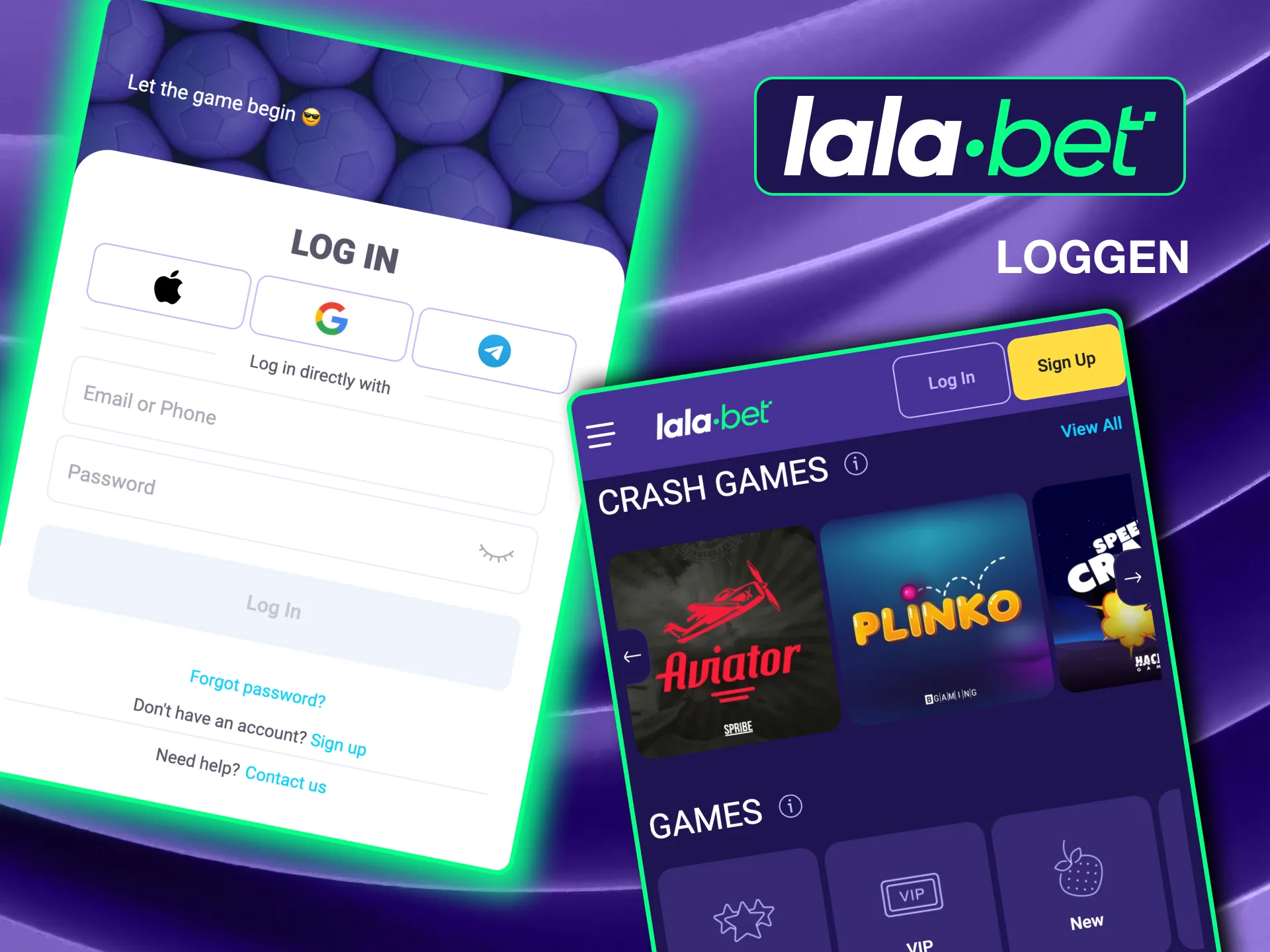 Log eenvoudig in op je Lalabet account door gegevens in te voeren of sociale media te gebruiken in de app.