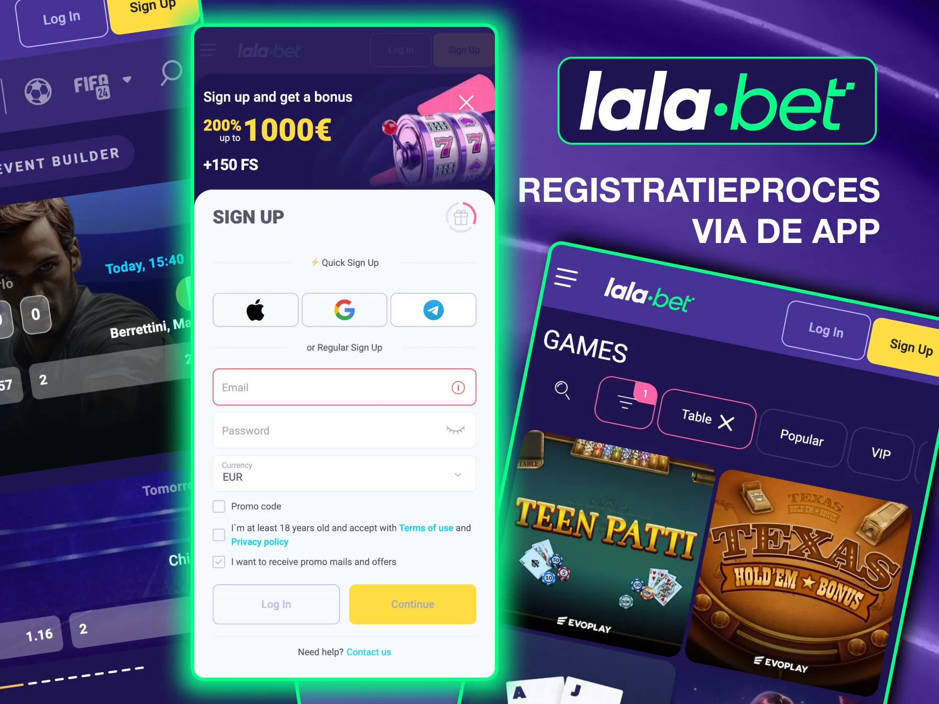 Volg het registratieproces van Lalabet's app om snel en gemakkelijk lid te worden als klant.