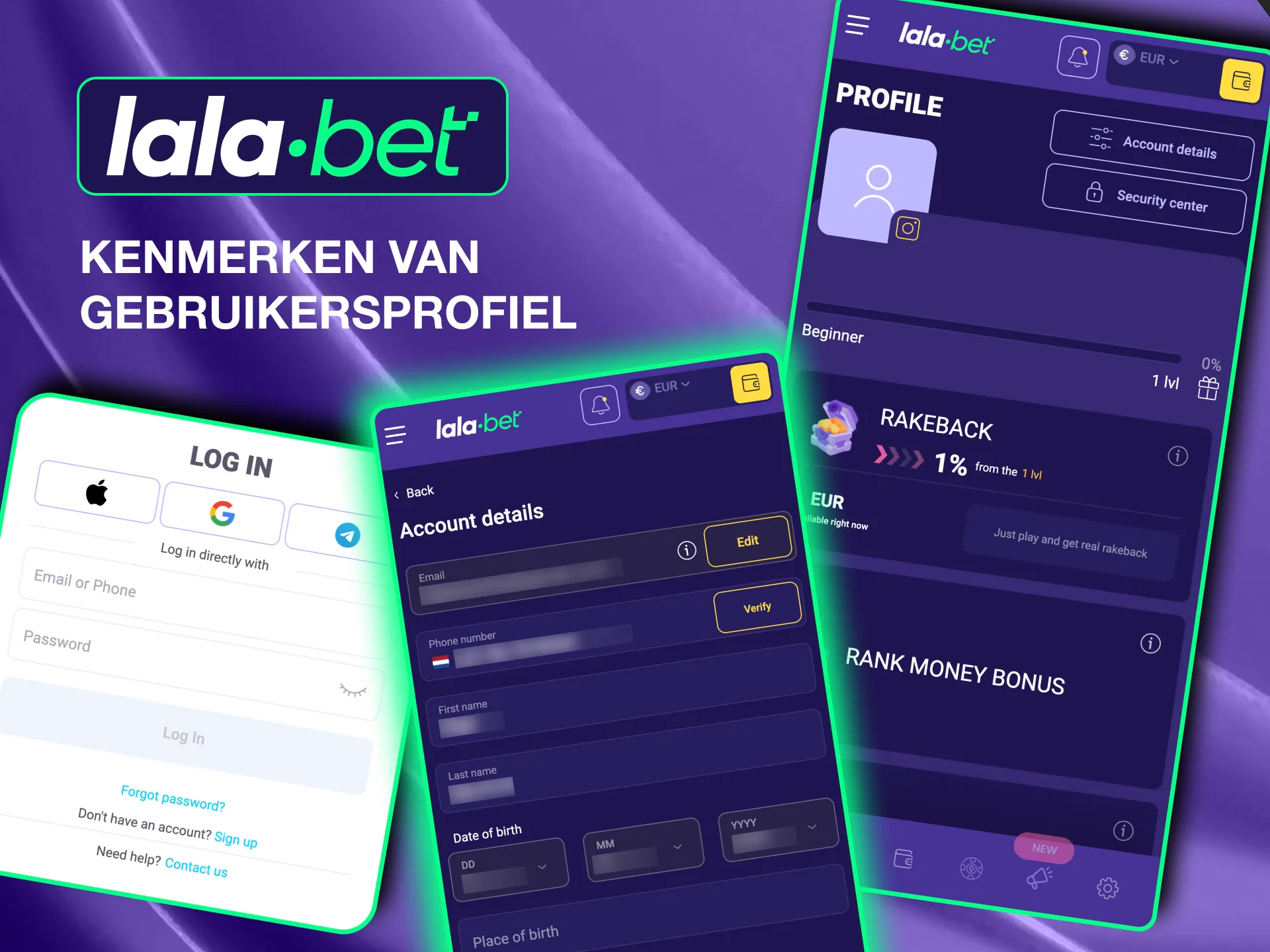 Gebruik de profieltools van Lalabet om accountinstellingen, beveiliging en financiële gegevens efficiënt te beheren.