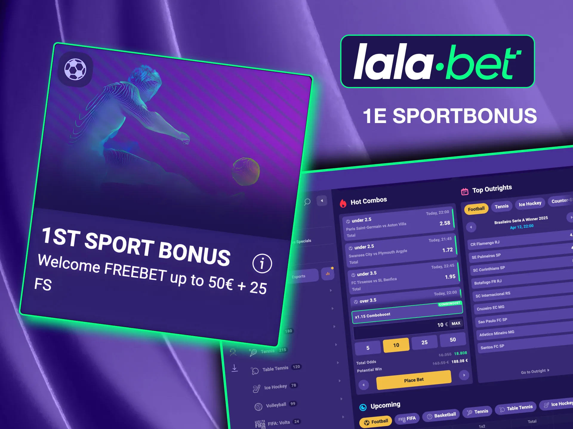 Activeer Lalabet's 1e Sport Bonus voor sportweddenschappen en casinospellen met eenvoudige stortingsvereisten.