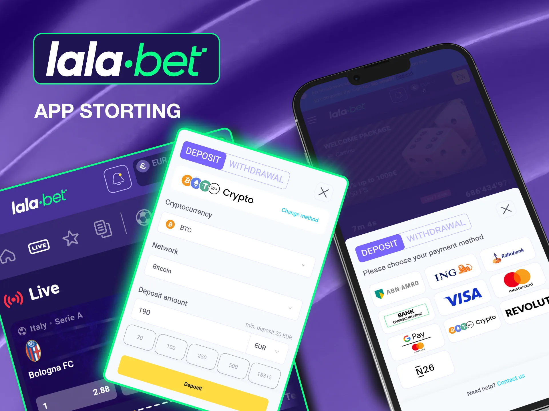 Maak eenvoudig cryptocurrency stortingen op de app van Lalabet met de online stortingskassa.