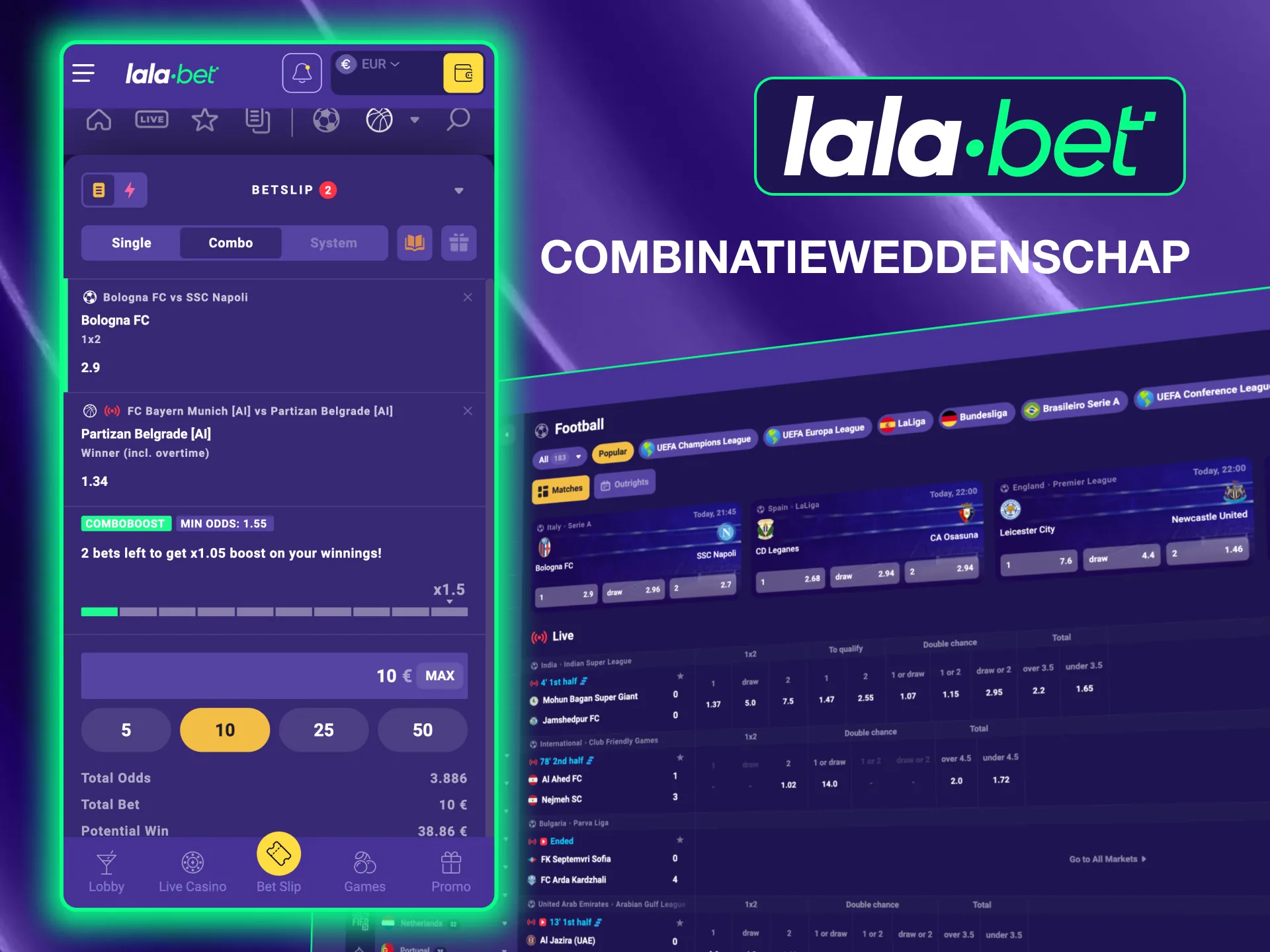 Combineer meerdere inzetten met Lalabet's Combo Bet voor hogere uitbetalingen en meer risico.