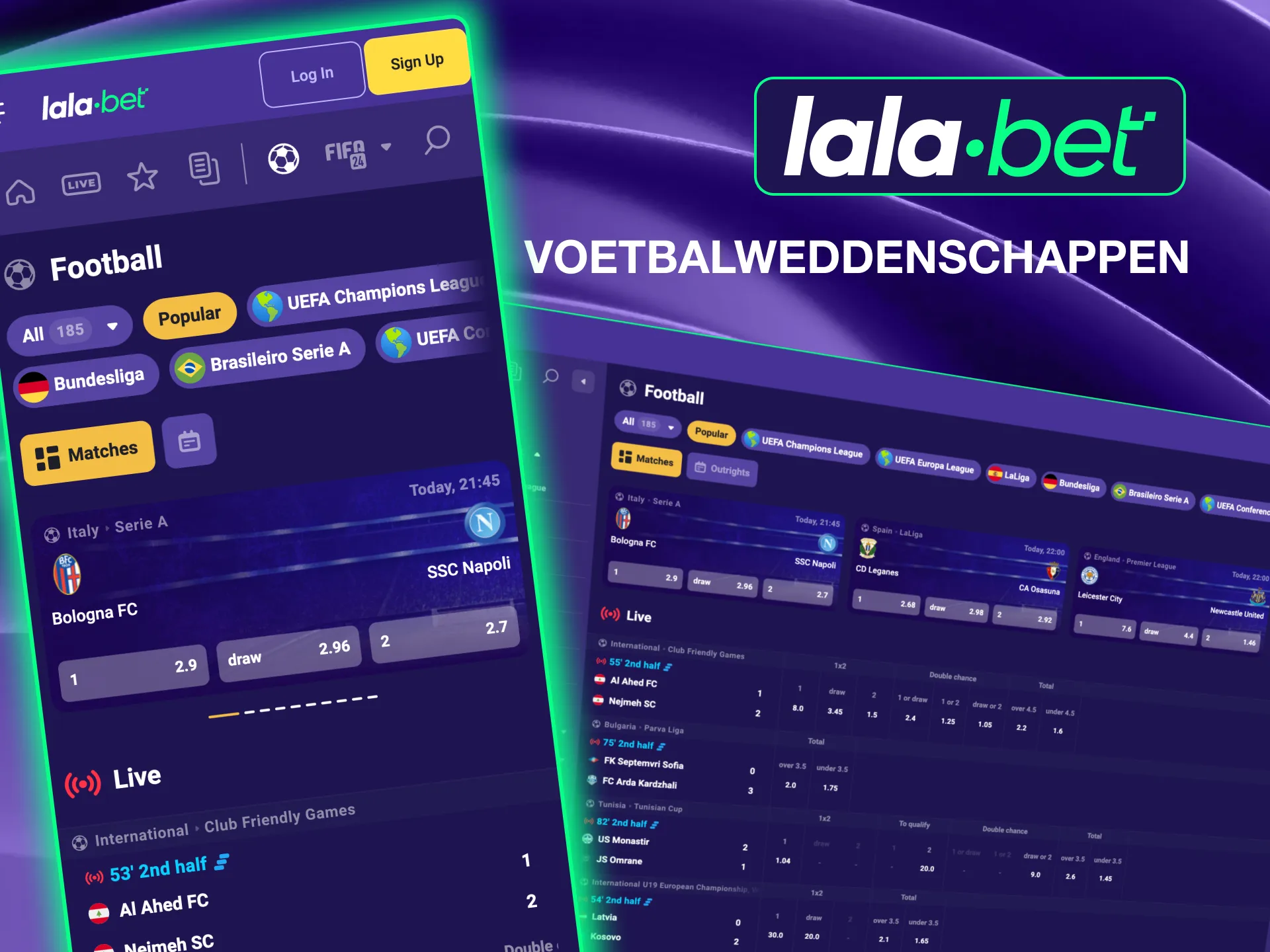 Wed op voetbal met Lalabet, met topcompetities zoals de Champions League en Premier League.