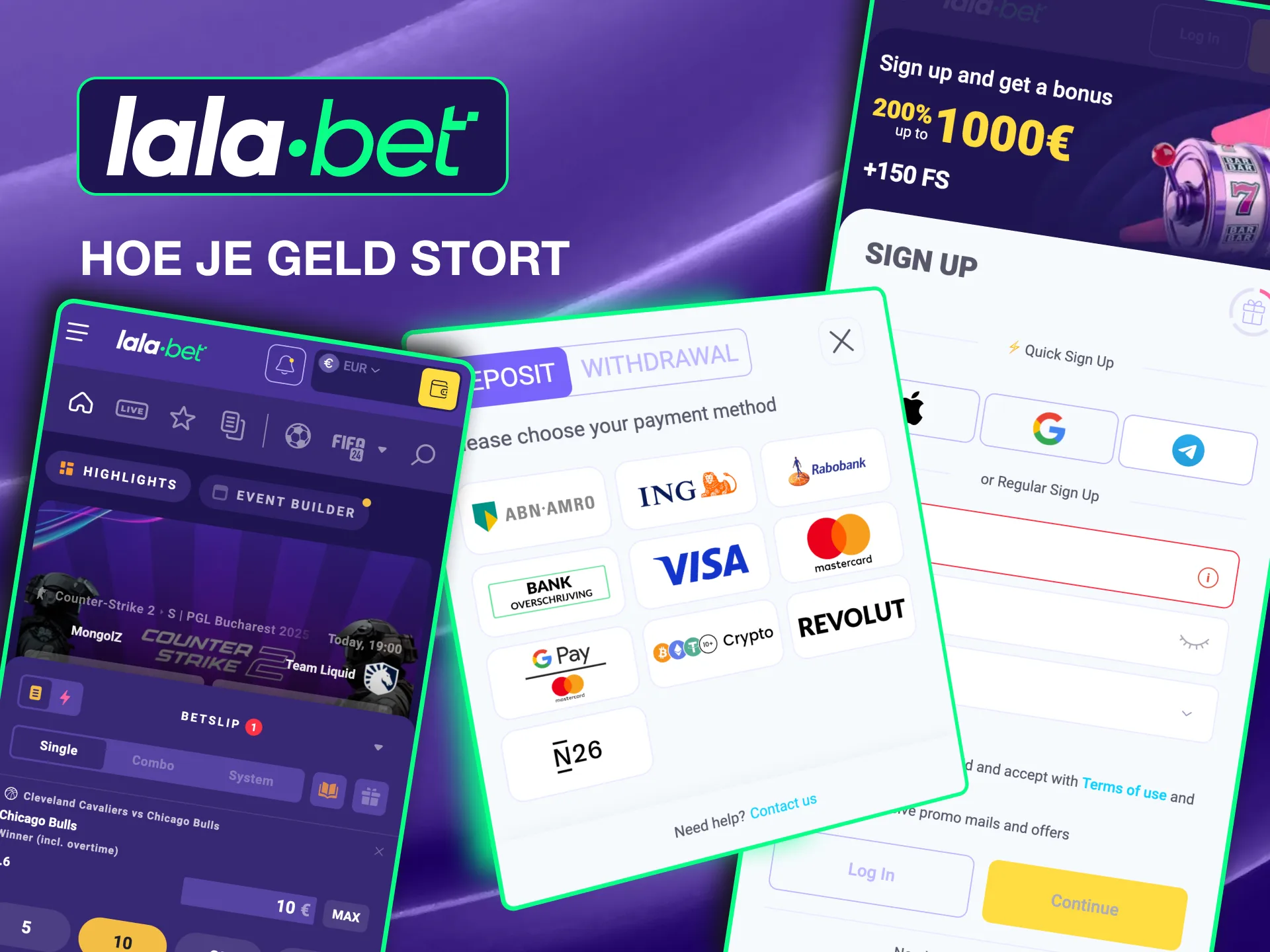 Volg de eenvoudige stappen van Lalabet om je account te financieren met behulp van veilige betaalmethoden.