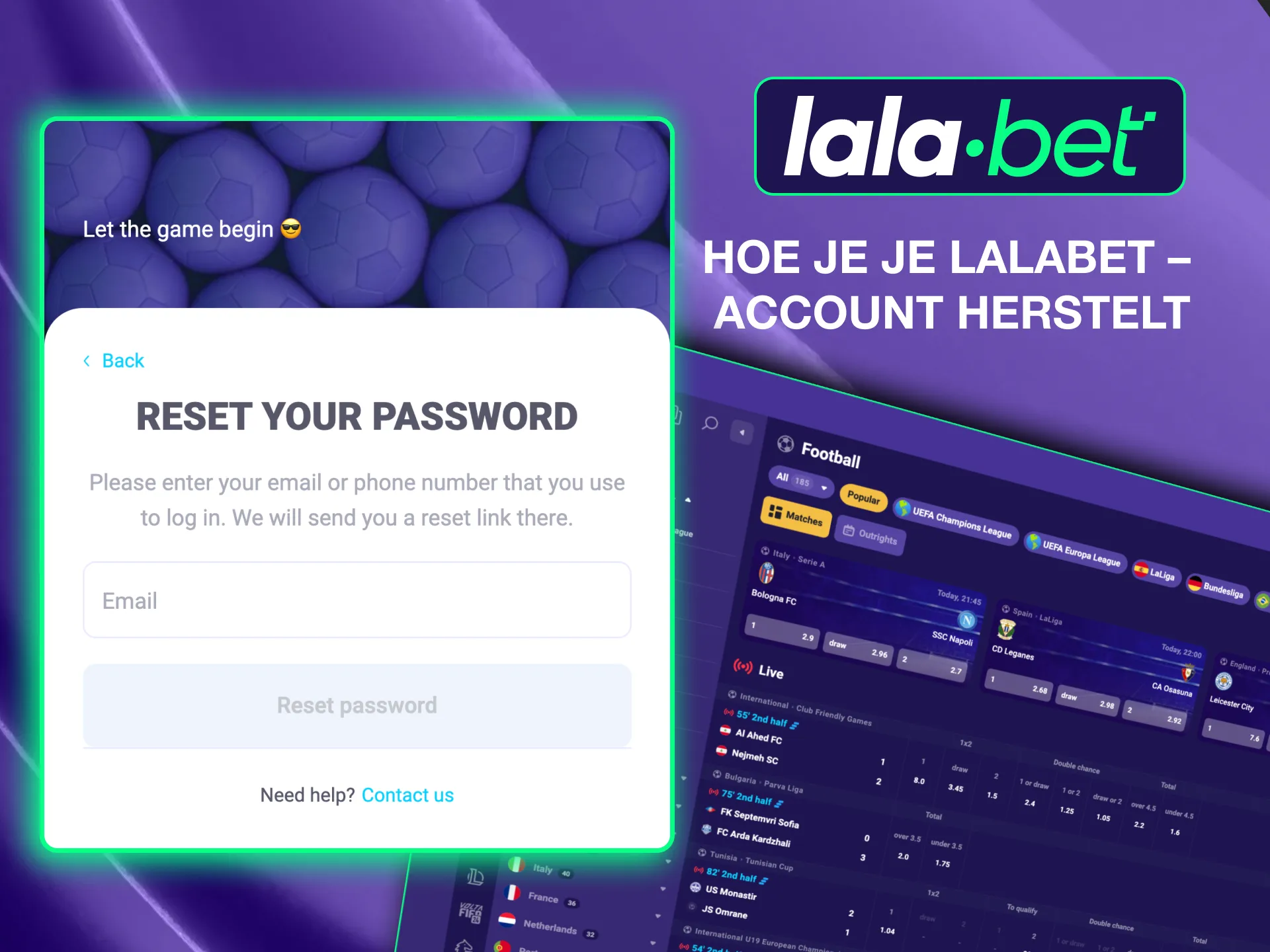 Lalabet accountherstel houdt in dat je een e-mail/telefoon invoert en een code ontvangt.