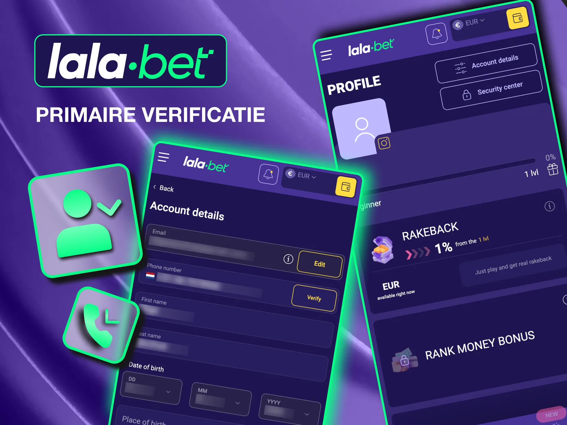 Verifieer je Lalabet account door je telefoonnummer te bevestigen via een sms-code.