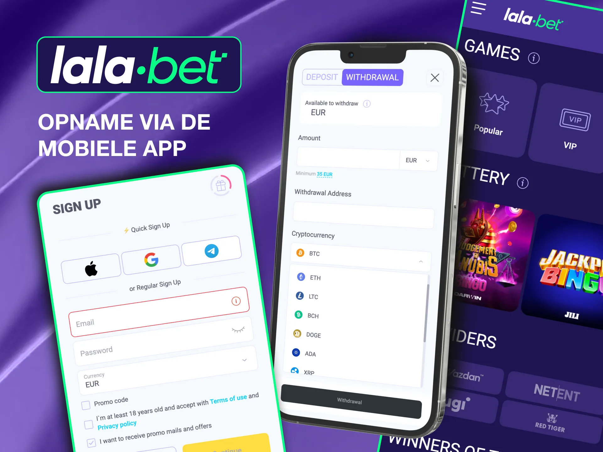 Met de Lalabet-app kun je veilig cryptocurrency opnemen door gegevens in te voeren en transacties te bevestigen.