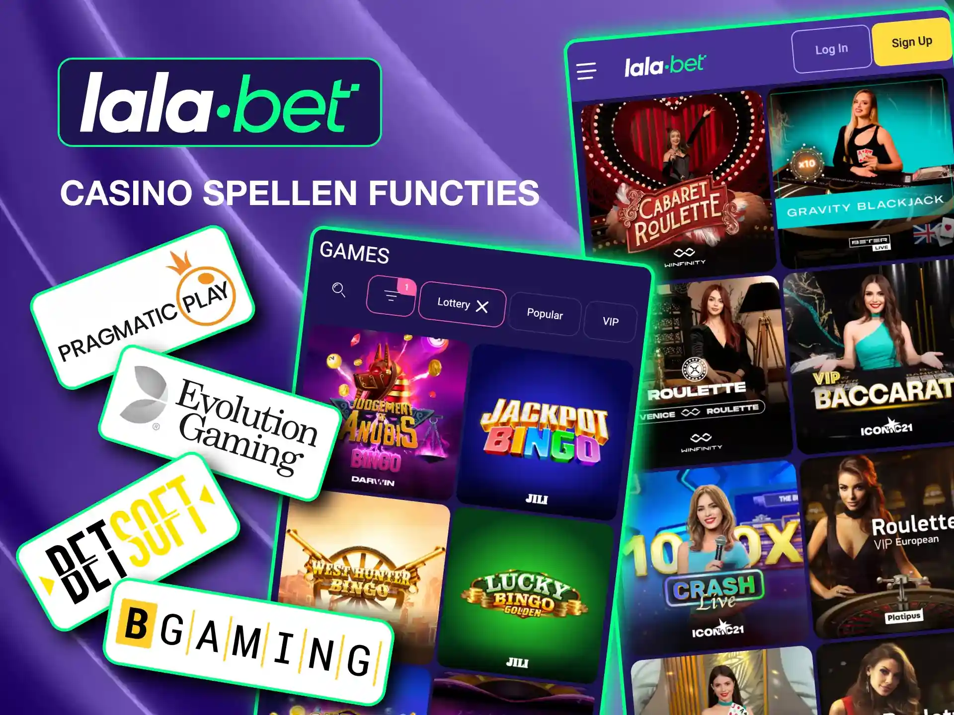 Lalabet biedt slots, crashgames, tafelspellen en live casino-opties van topaanbieders.