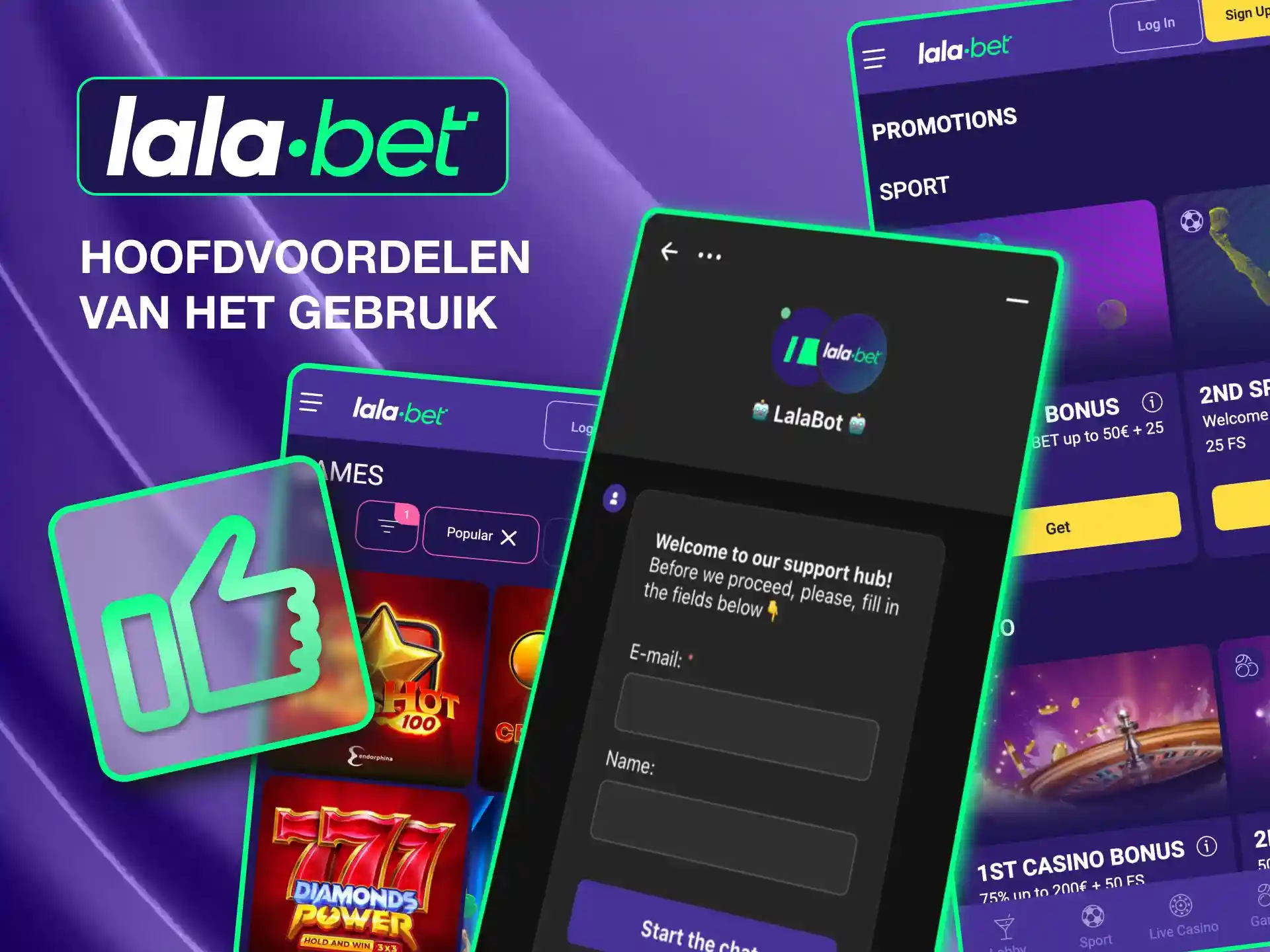Lalabet app combineert legale weddenschappen, snelle prestaties, unieke promoties en 24/7 live ondersteuning.