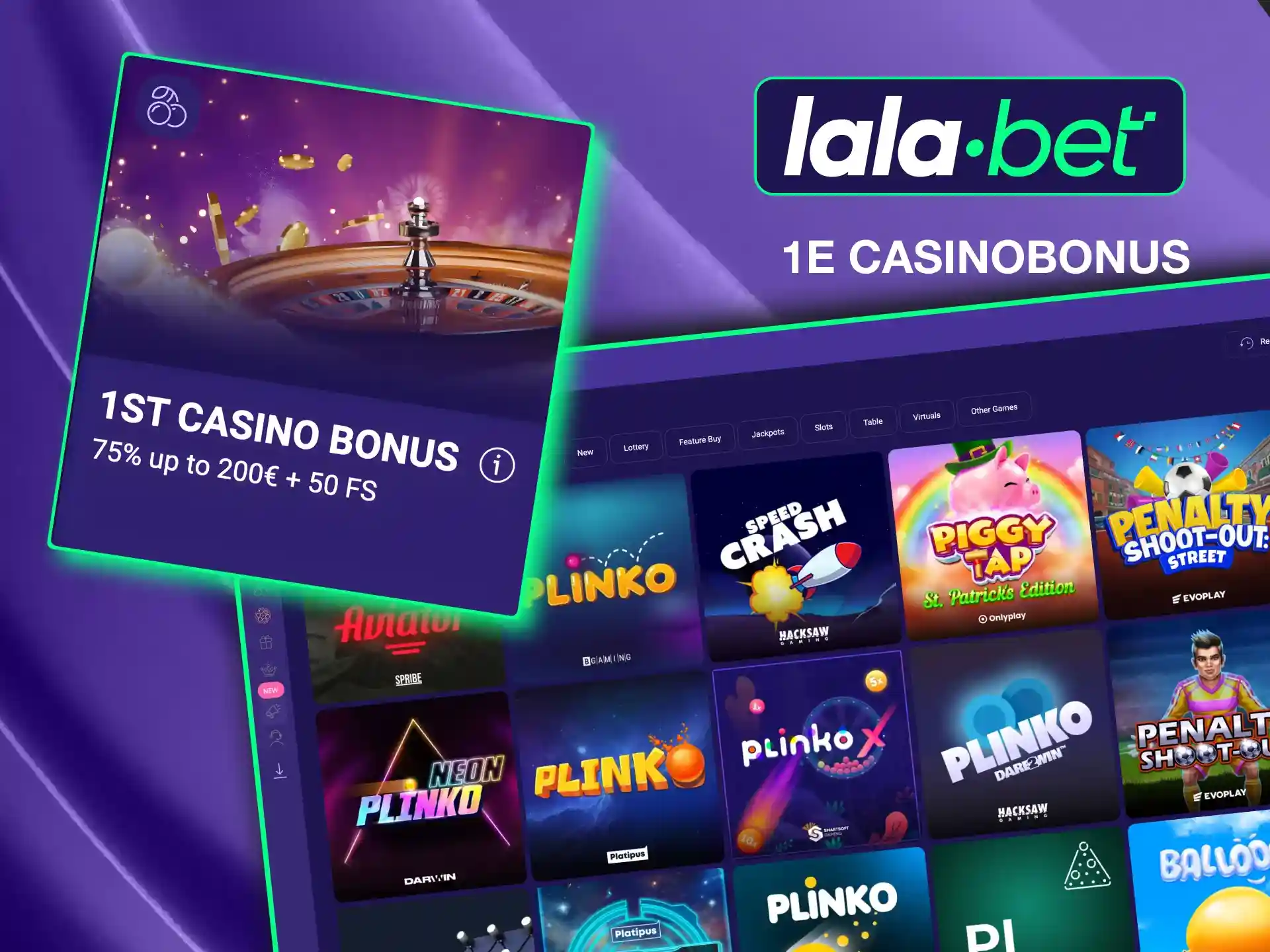 Lalabet’s casino welcome bonus includes +75% up to EUR 200, 50 FS.