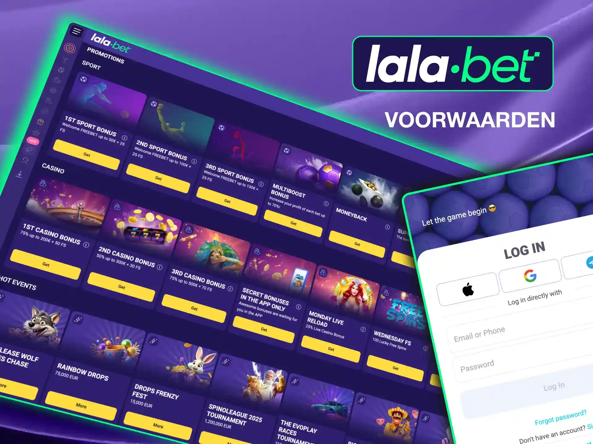 Lalabet bonussen vereisen gebruik van één account, minimale storting, naleving van inzet.
