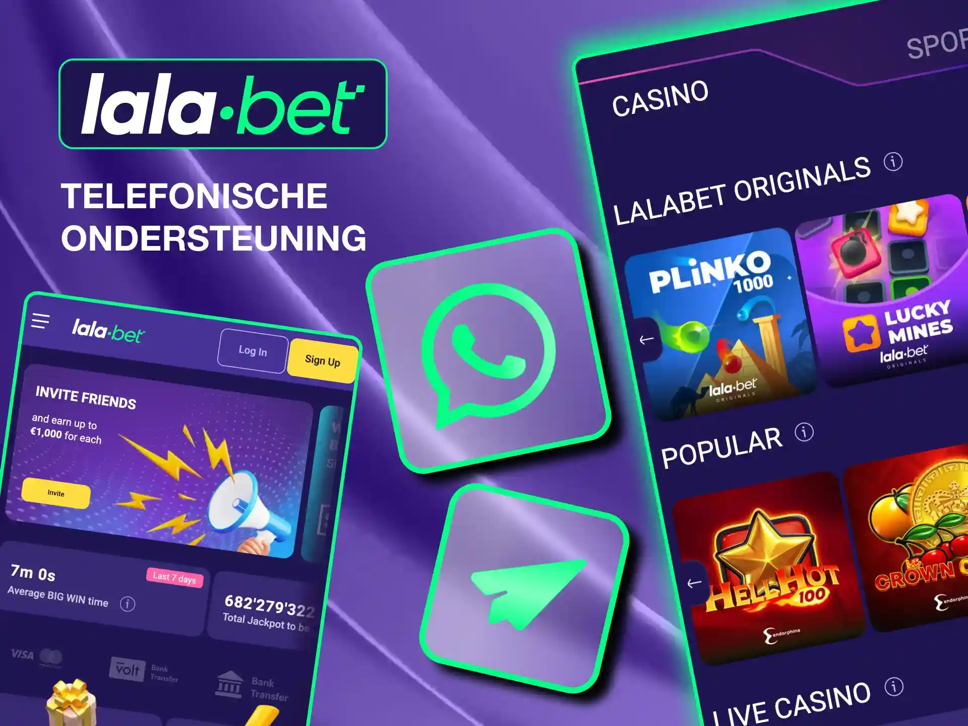 Neem contact op met Lalabet via live chat, e-mail of sociale media voor 24-uurs ondersteuning.