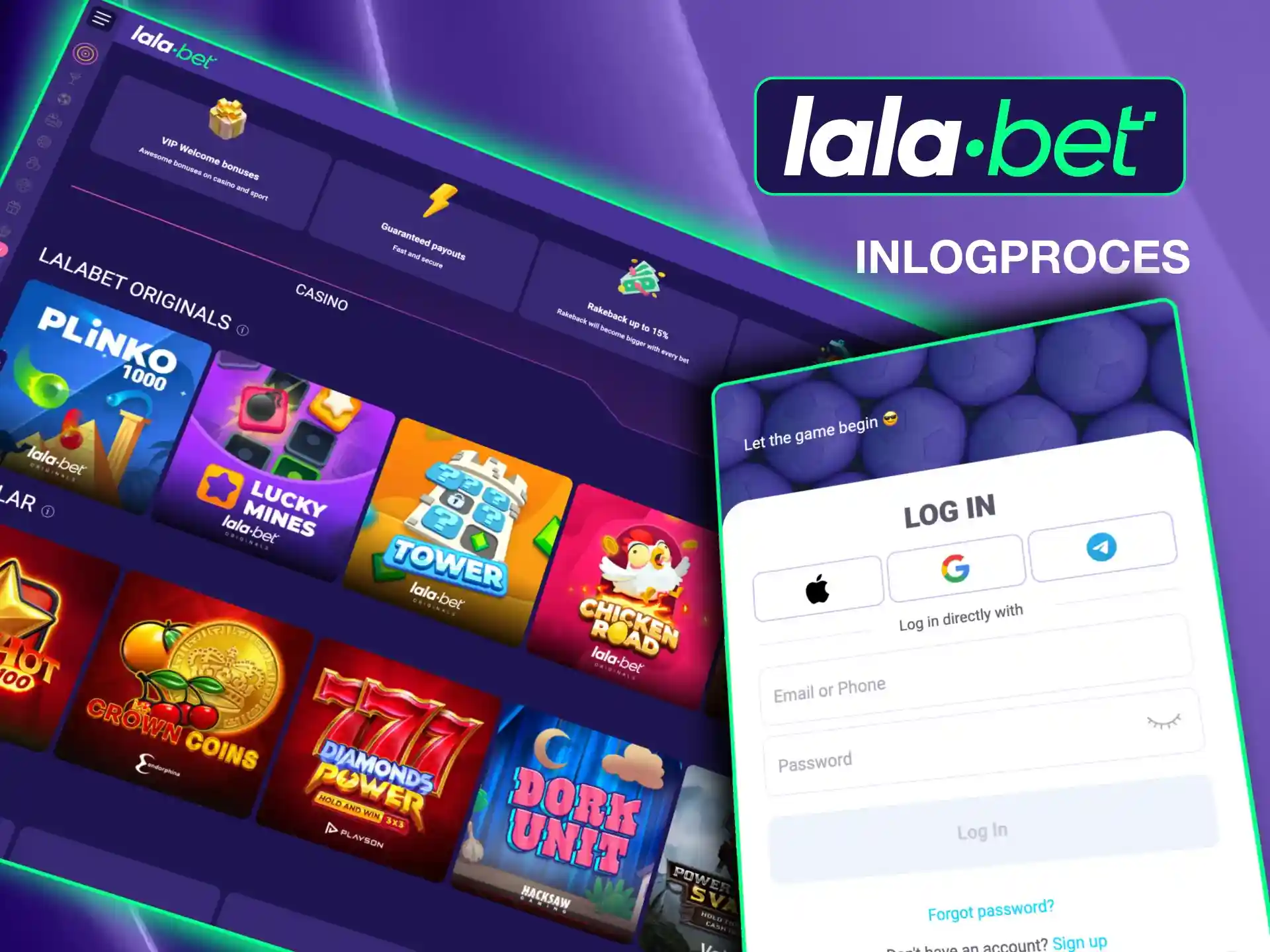 Log in to your Lalabet account by entering email/phone, password.