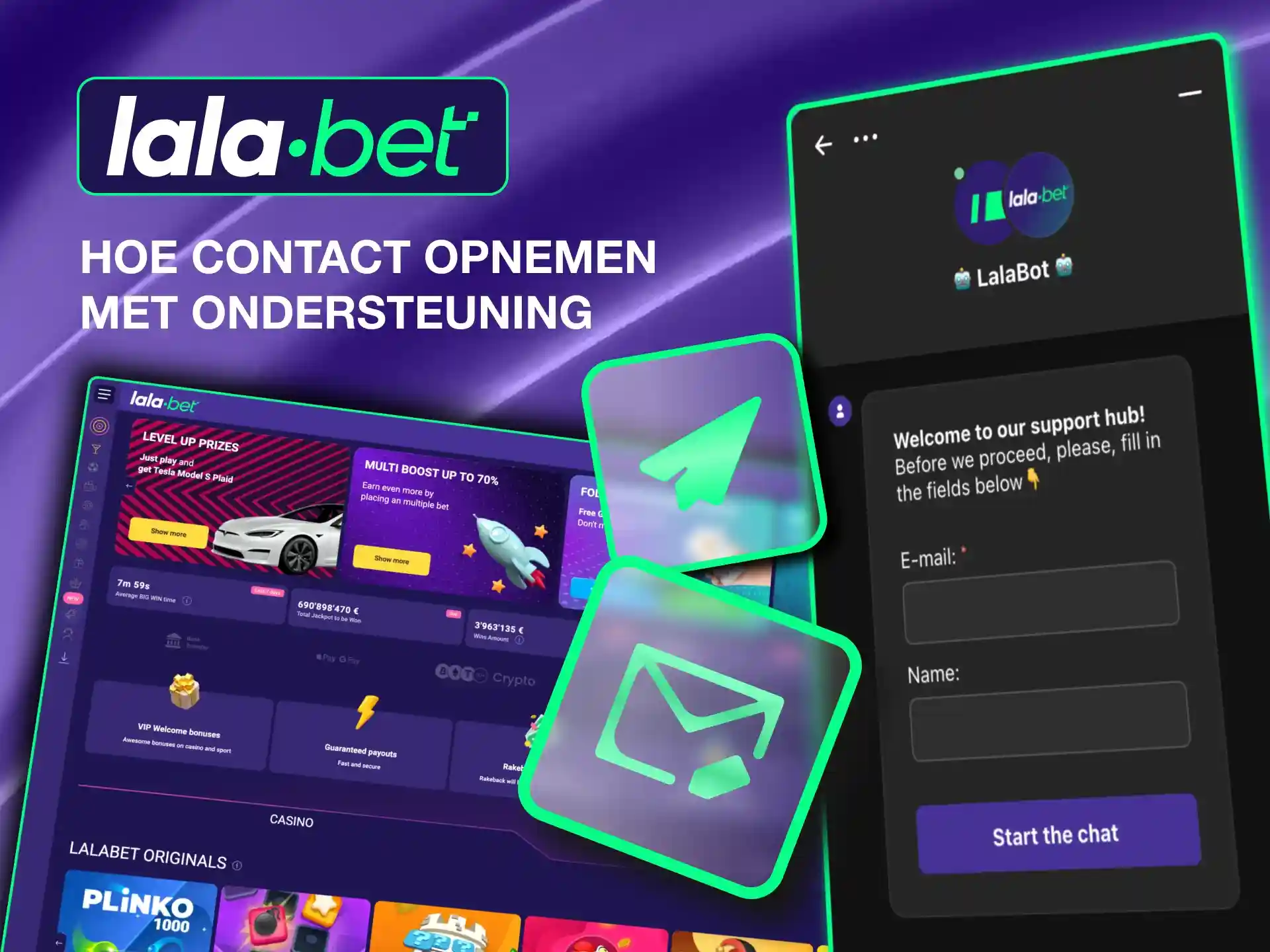 LalaBet Casino biedt 24/7 ondersteuning via e-mail, live chat en Telegram voor snelle en betrouwbare hulp.